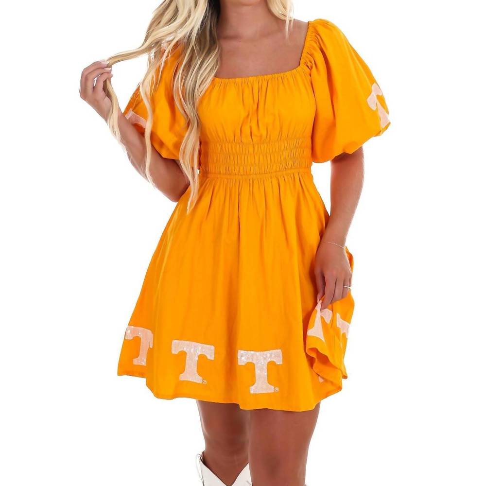 NEW STEWART SIMMONS university of tennessee puff sleeve mini dress in orange - Picture 9 of 10